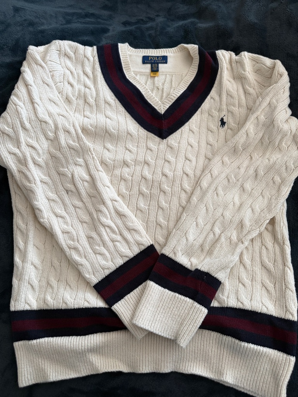 Polo Ralph Lauren Cream Cable-Knit V-Neck Sweater with Navy & Burgundy Trim Boys